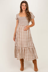 Cream Plaid Smocked Puff Sleeve Tiered Maternity Midi Dress