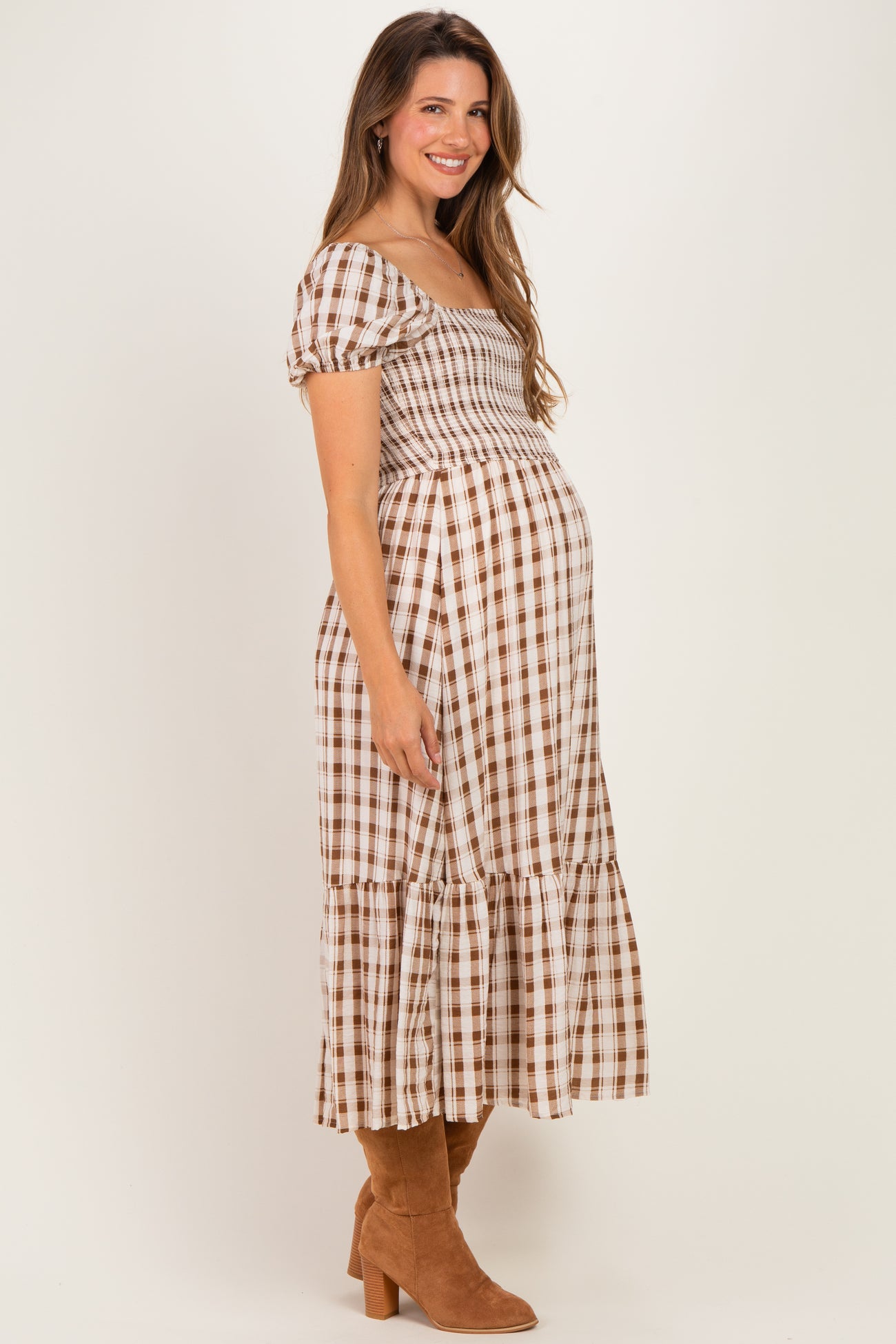 Cream Plaid Smocked Puff Sleeve Tiered Maternity Midi Dress