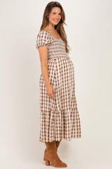 Cream Plaid Smocked Puff Sleeve Tiered Maternity Midi Dress