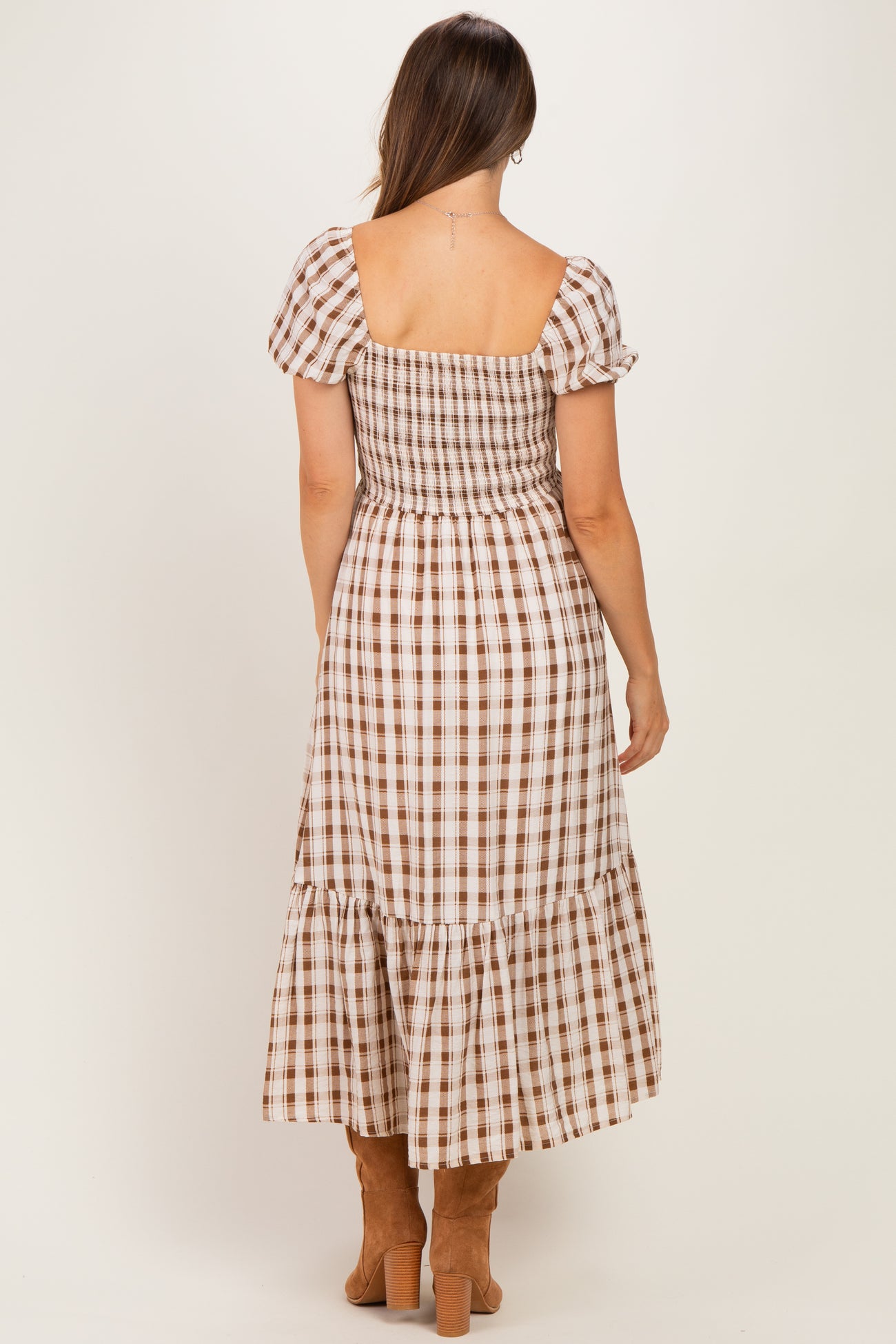 Cream Plaid Smocked Puff Sleeve Tiered Maternity Midi Dress