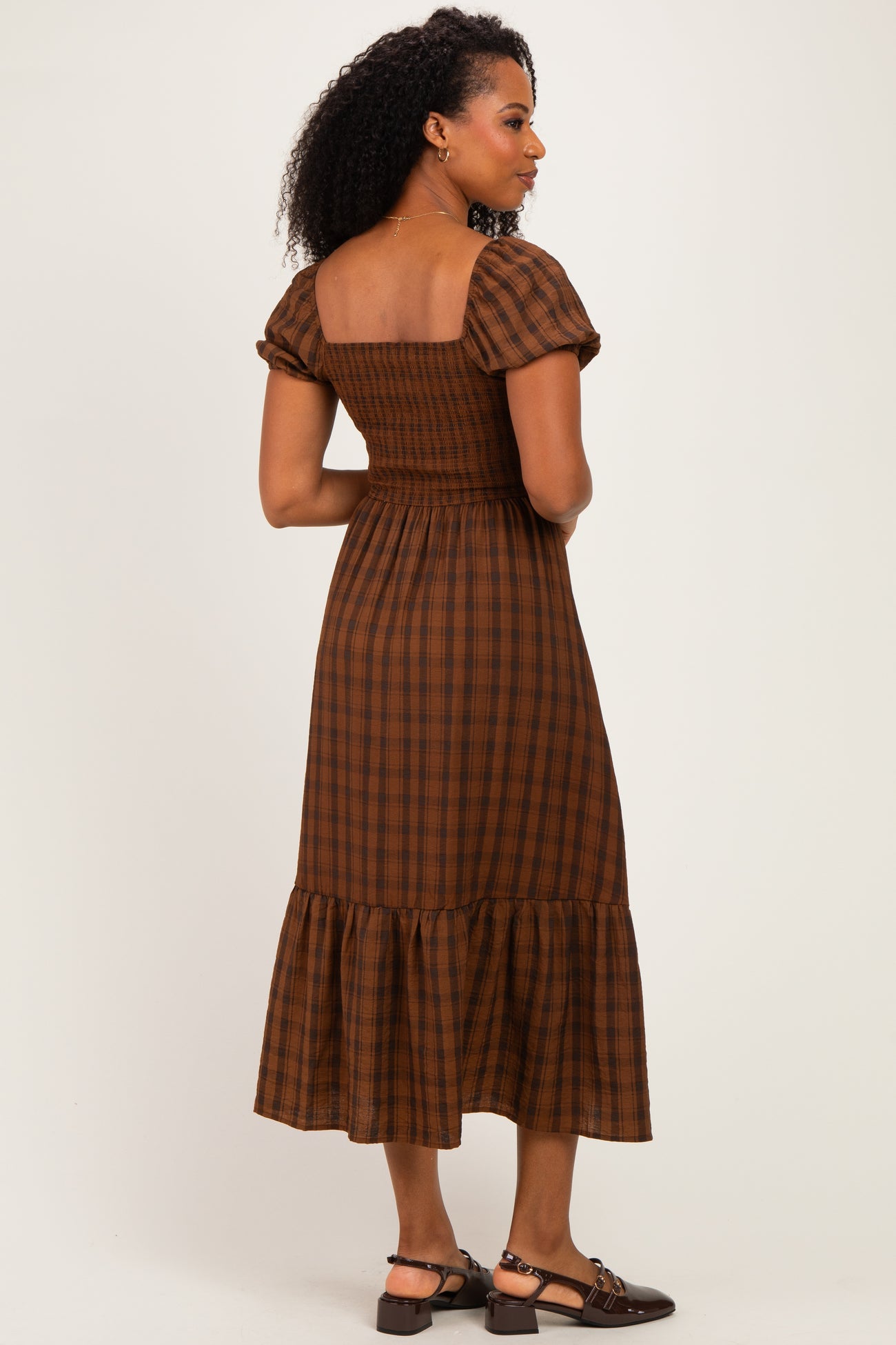 Brown Plaid Smocked Puff Sleeve Tiered Midi Dress