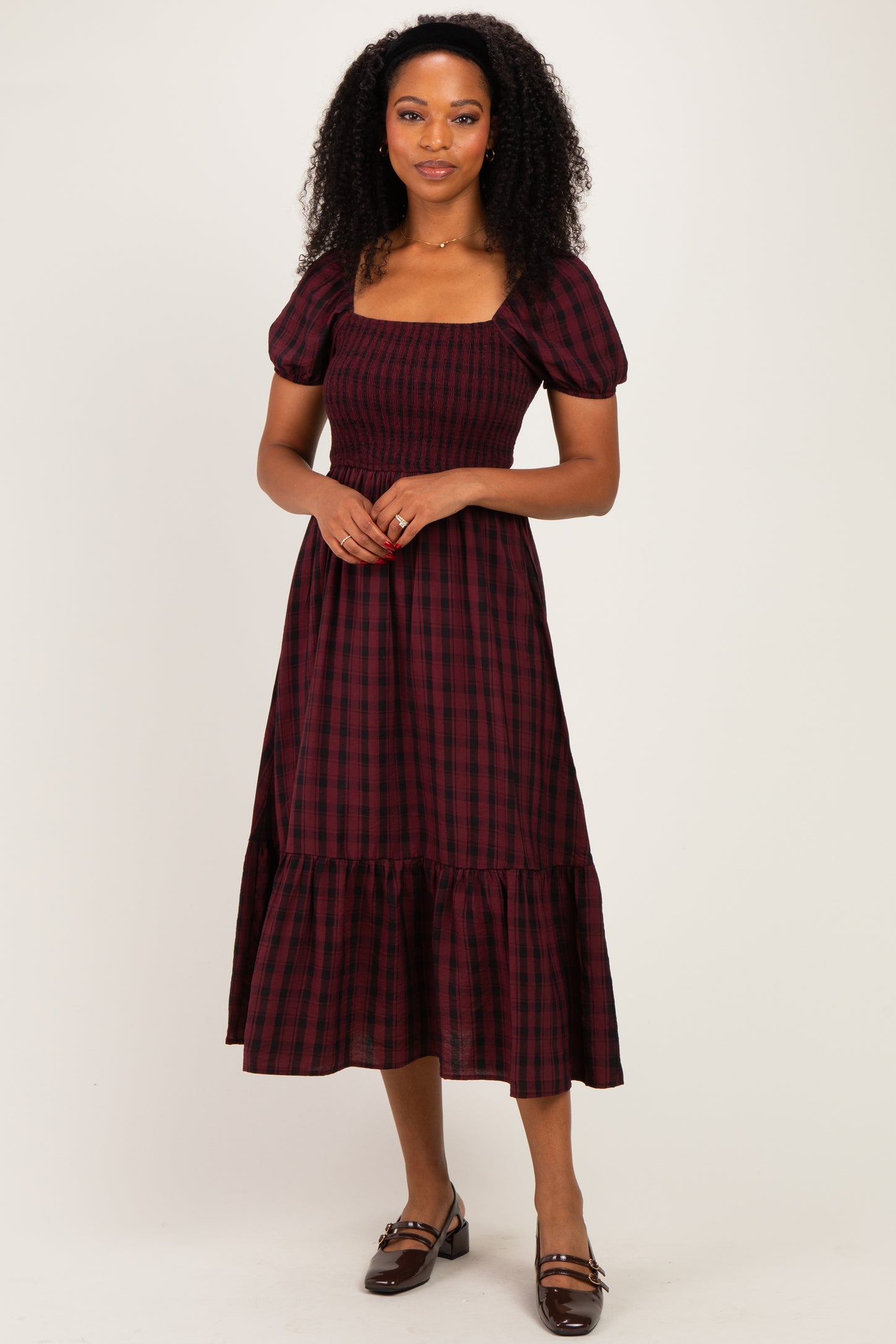 Burgundy Plaid Smocked Puff Sleeve Tiered Midi Dress