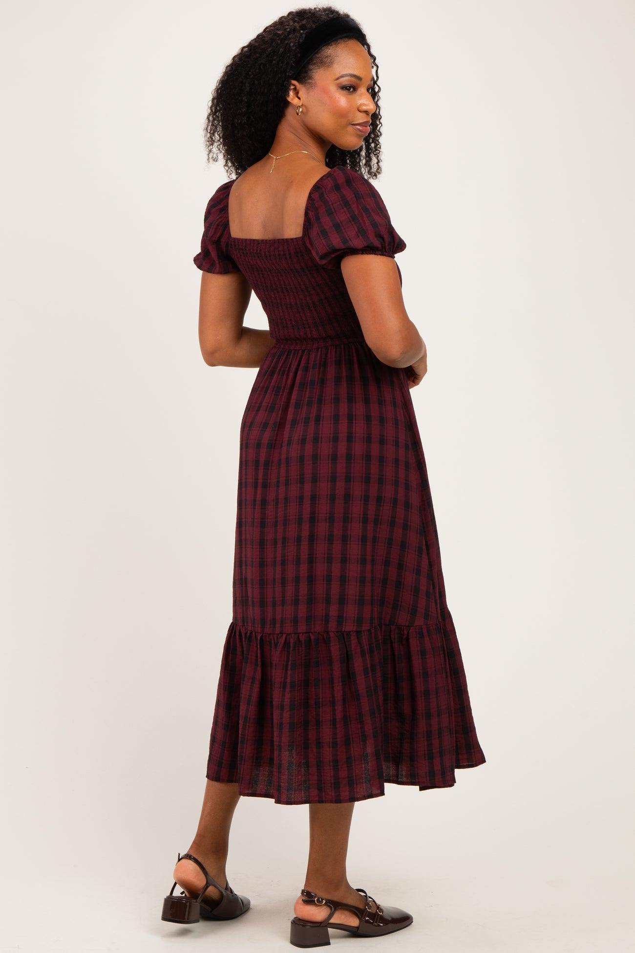 Burgundy Plaid Smocked Puff Sleeve Tiered Midi Dress