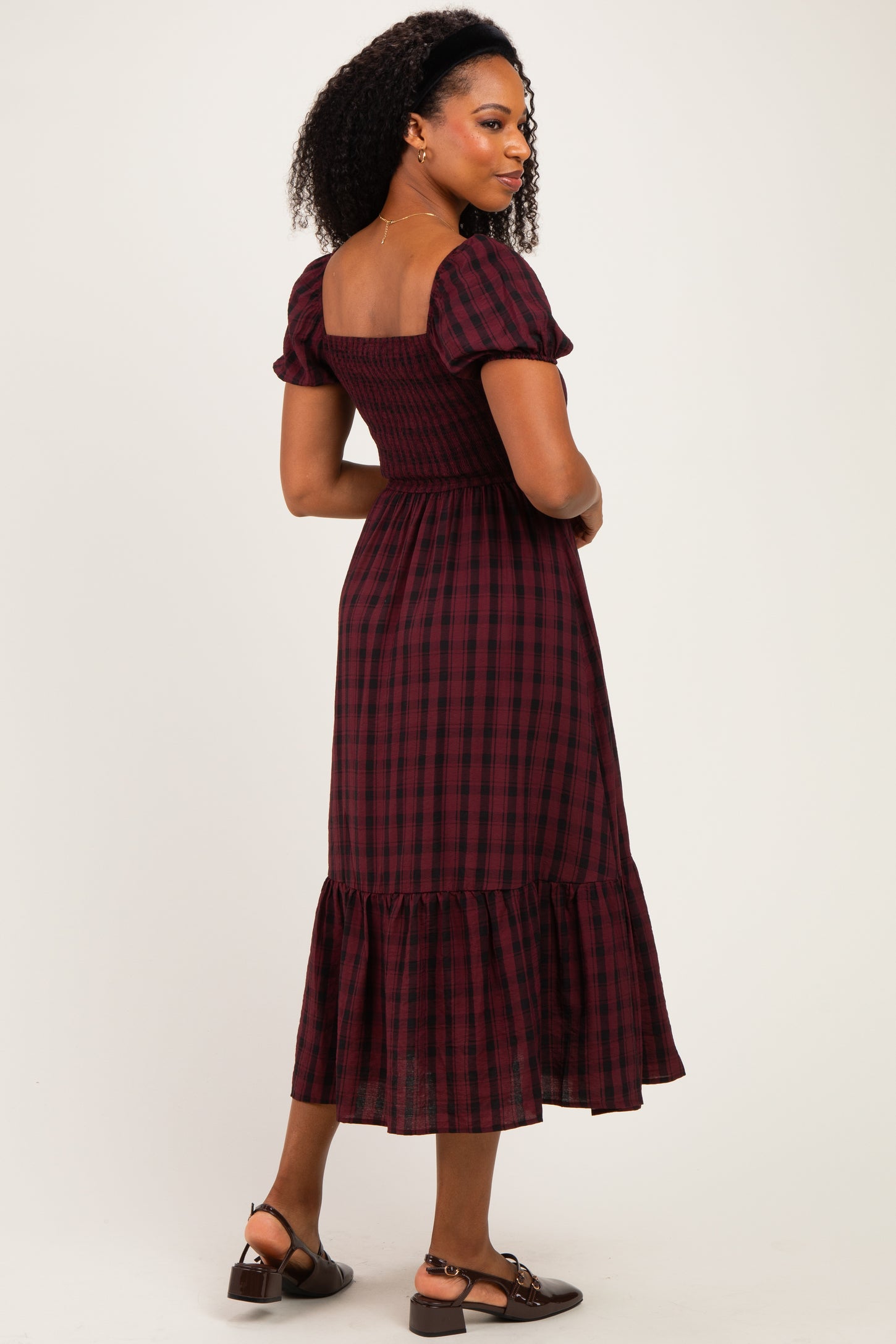 Burgundy Plaid Smocked Puff Sleeve Tiered Midi Dress