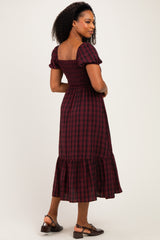 Burgundy Plaid Smocked Puff Sleeve Tiered Midi Dress