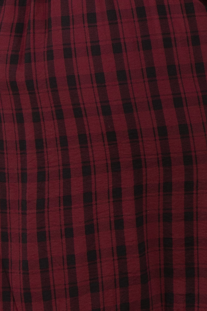 Burgundy Plaid Smocked Puff Sleeve Tiered Midi Dress