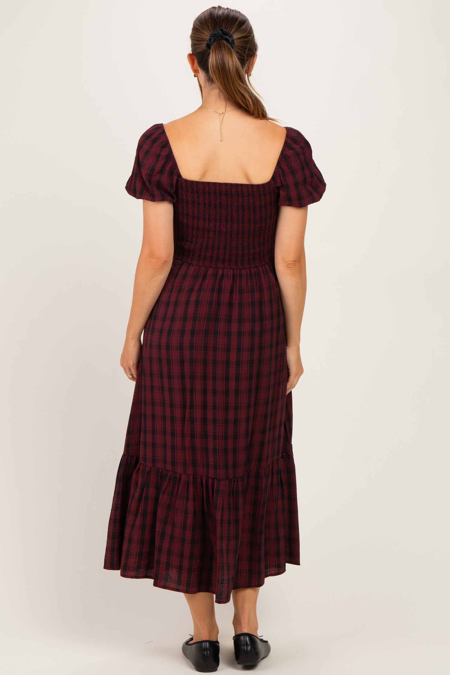 Burgundy Plaid Smocked Puff Sleeve Tiered Maternity Midi Dress