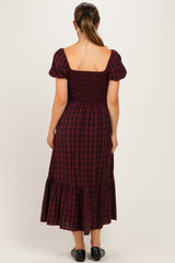 Burgundy Plaid Smocked Puff Sleeve Tiered Maternity Midi Dress