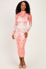 Peach Floral Long Sleeve Mesh Midi Dress