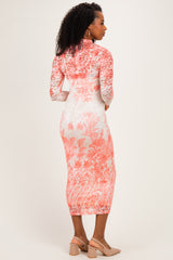 Peach Floral Long Sleeve Mesh Midi Dress