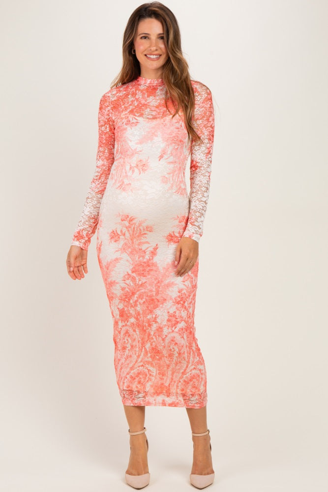 Peach Floral Long Sleeve Mesh Maternity Midi Dress