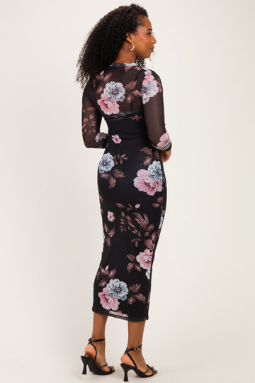 Black Floral Long Sleeve Mesh Midi Dress