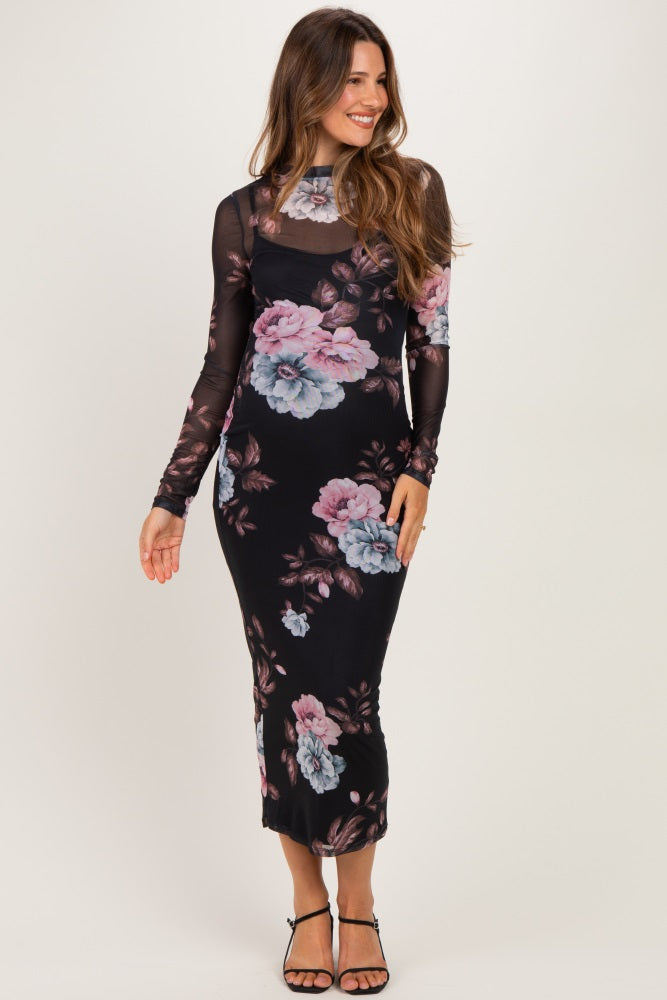Black Floral Long Sleeve Mesh Maternity Midi Dress