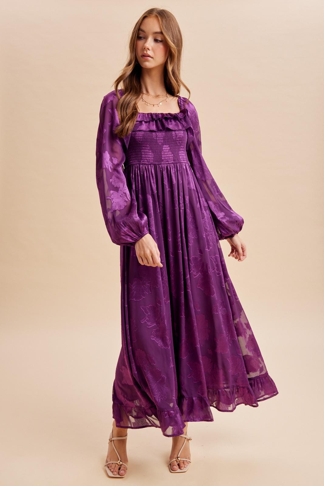 Plum Jacquard Smocked Ruffle Maxi Dress