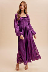 Plum Jacquard Smocked Ruffle Maxi Dress
