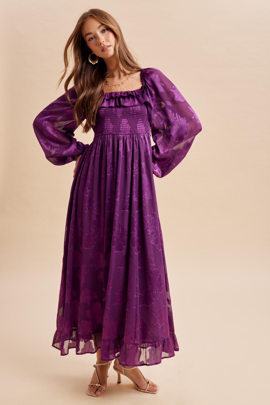 Plum Jacquard Smocked Ruffle Maxi Dress