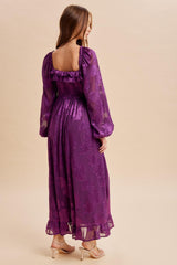 Plum Jacquard Smocked Ruffle Maxi Dress