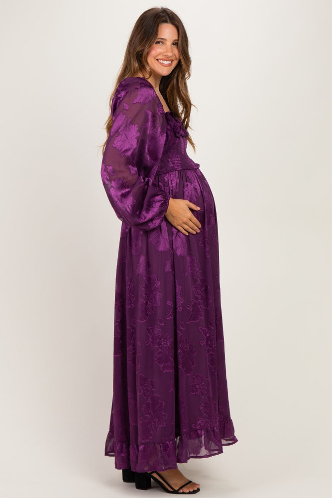 Plum Jacquard Smocked Ruffle Maternity Maxi Dress