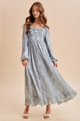 Glacier Blue Jacquard Smocked Ruffle Maternity Maxi Dress