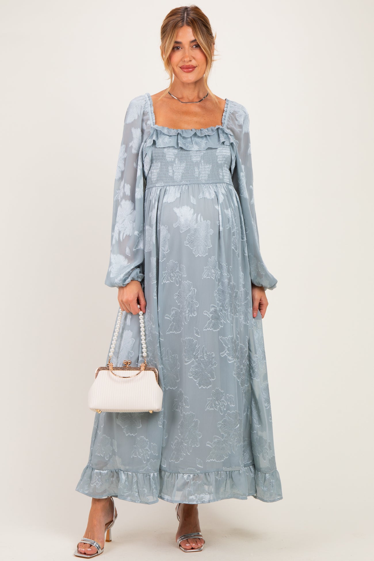 Glacier Blue Jacquard Smocked Ruffle Maternity Maxi Dress