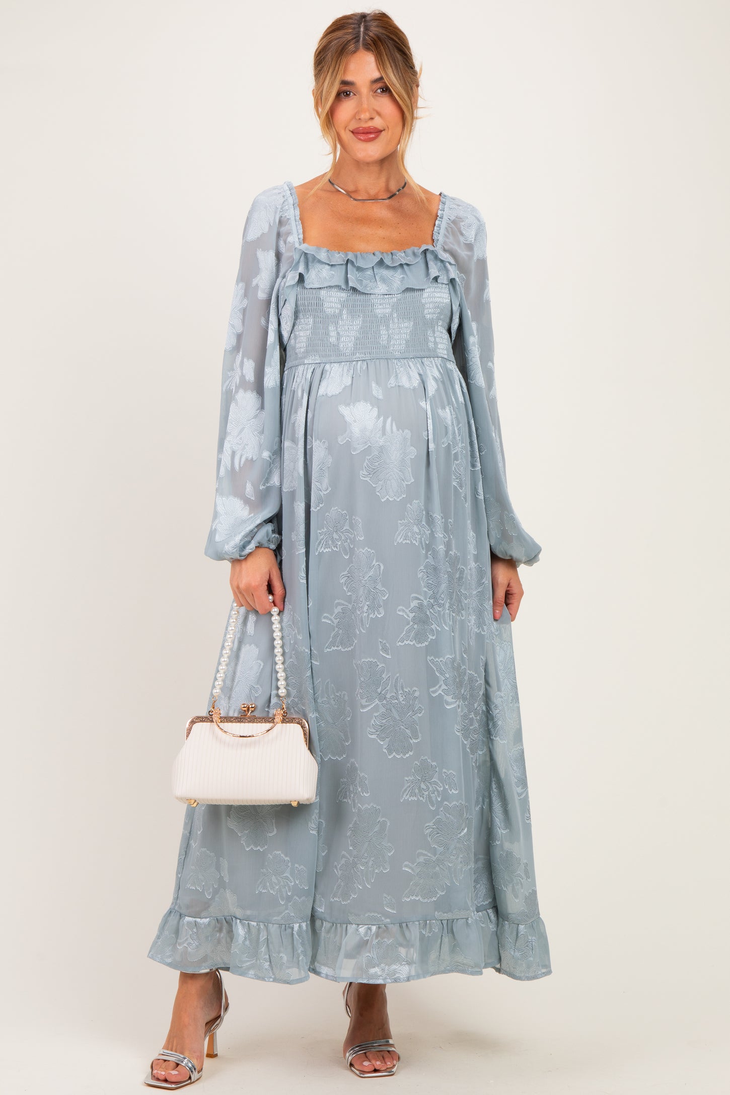 Glacier Blue Jacquard Smocked Ruffle Maternity Maxi Dress