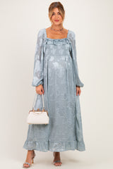 Glacier Blue Jacquard Smocked Ruffle Maternity Maxi Dress