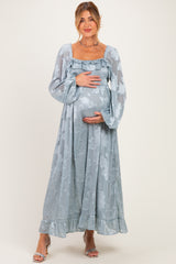 Glacier Blue Jacquard Smocked Ruffle Maternity Maxi Dress