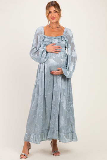 Glacier Blue Jacquard Smocked Ruffle Maternity Maxi Dress