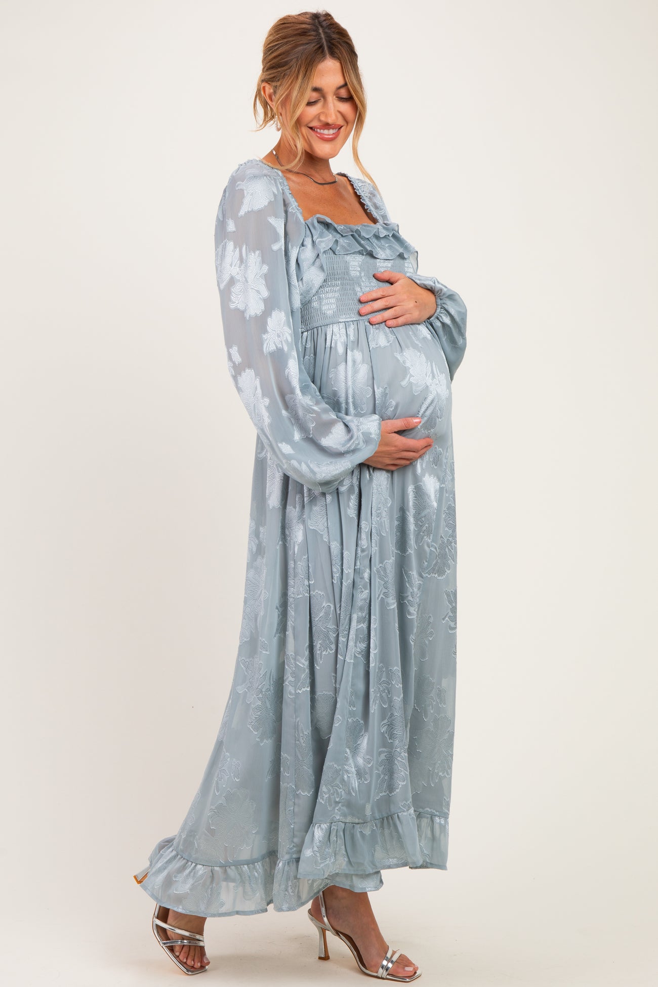 Glacier Blue Jacquard Smocked Ruffle Maternity Maxi Dress