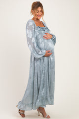Glacier Blue Jacquard Smocked Ruffle Maternity Maxi Dress