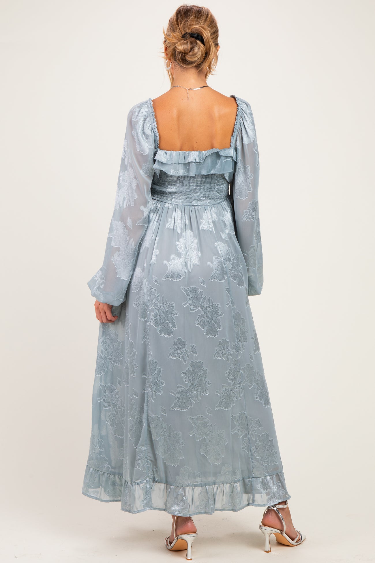 Glacier Blue Jacquard Smocked Ruffle Maternity Maxi Dress