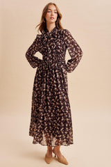Burnt Mocha Floral Tie Neck Maxi Dress