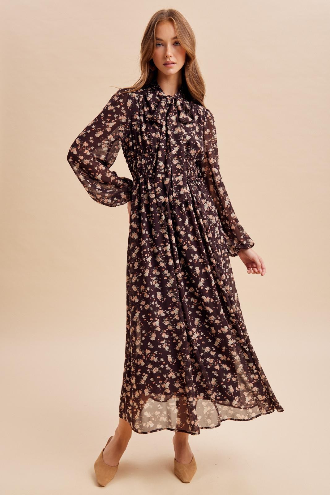 Burnt Mocha Floral Tie Neck Maxi Dress