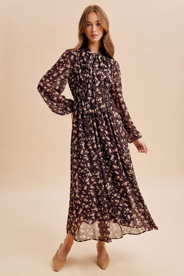 Burnt Mocha Floral Tie Neck Maxi Dress