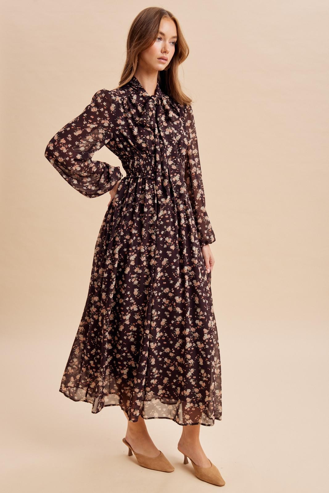 Burnt Mocha Floral Tie Neck Maxi Dress