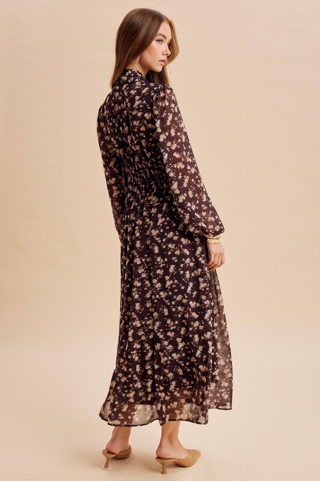 Burnt Mocha Floral Tie Neck Maxi Dress