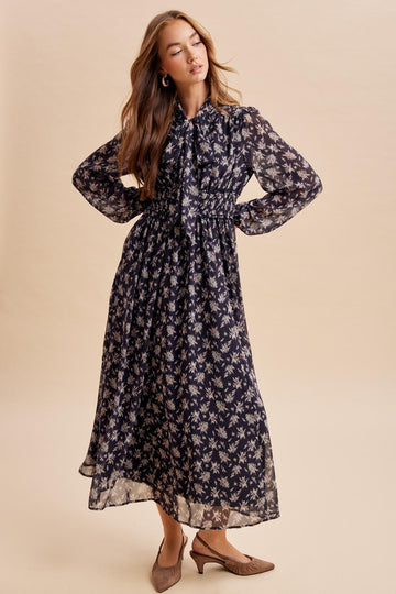 Black Floral Tie Neck Maxi Dress