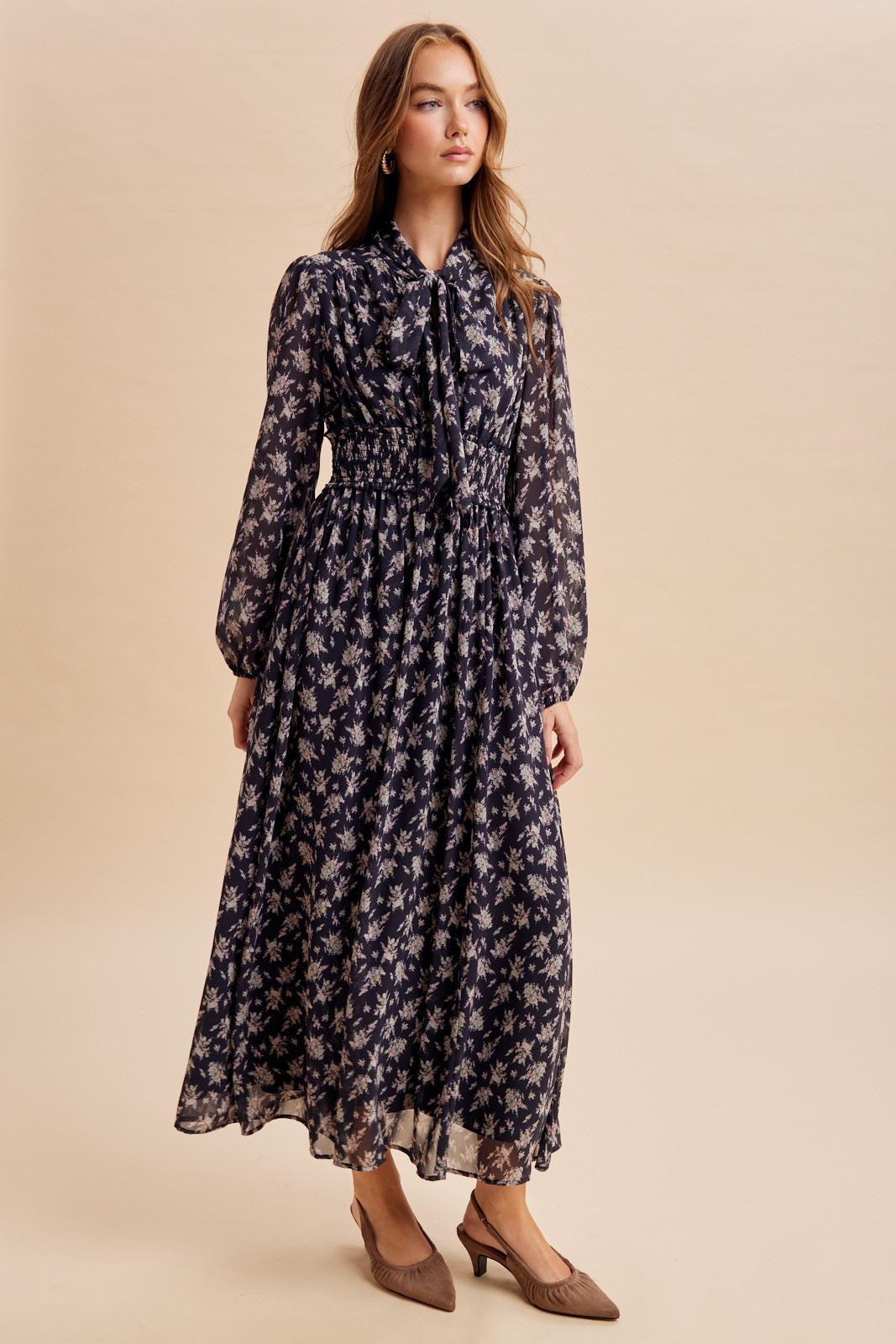 Black Floral Tie Neck Maxi Dress