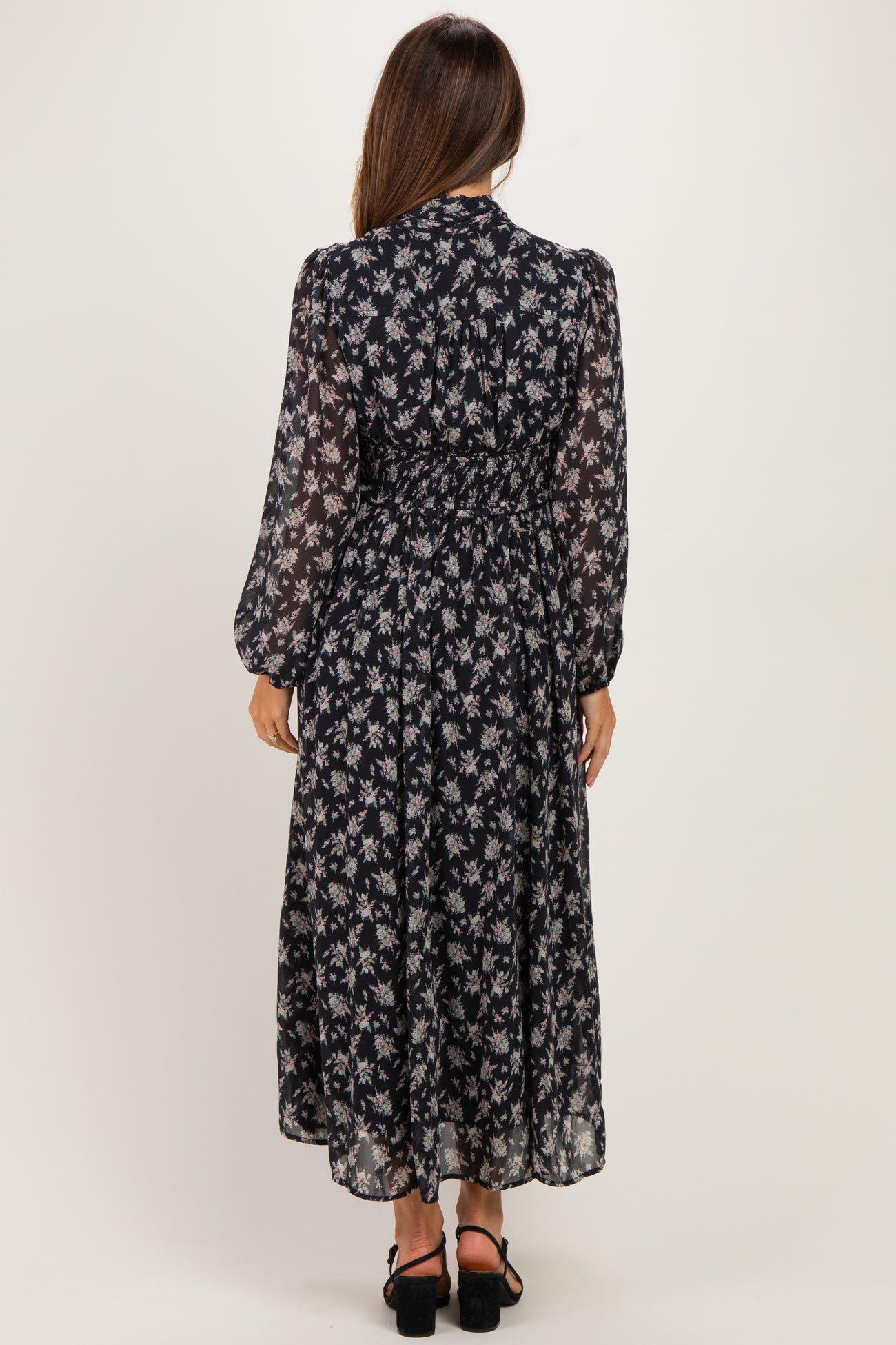 Black Floral Tie Neck Maternity Maxi Dress