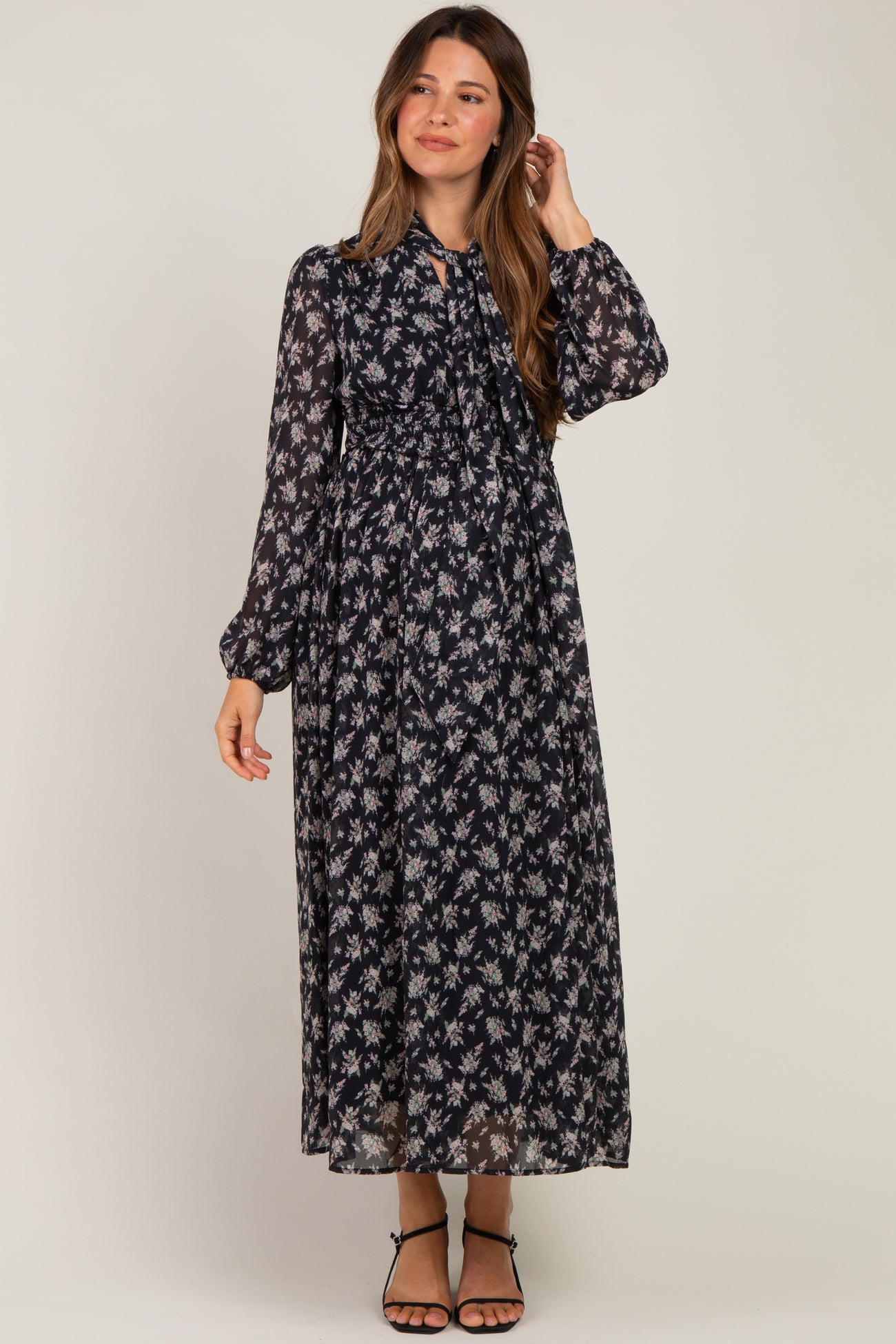 Black Floral Tie Neck Maternity Maxi Dress