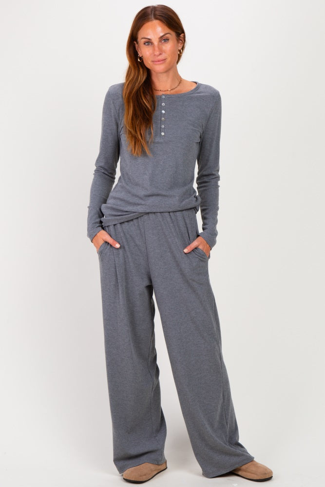 Charcoal Henley Wide Leg Pant Maternity Lounge Set