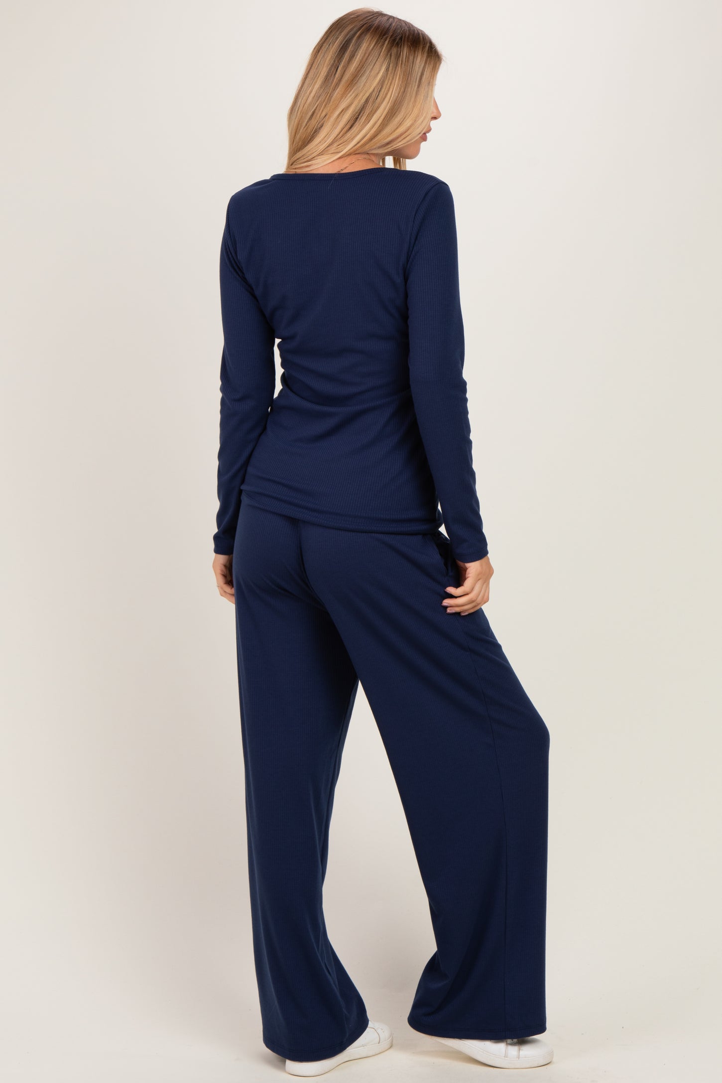 Navy Henley Wide Leg Pant Lounge Set
