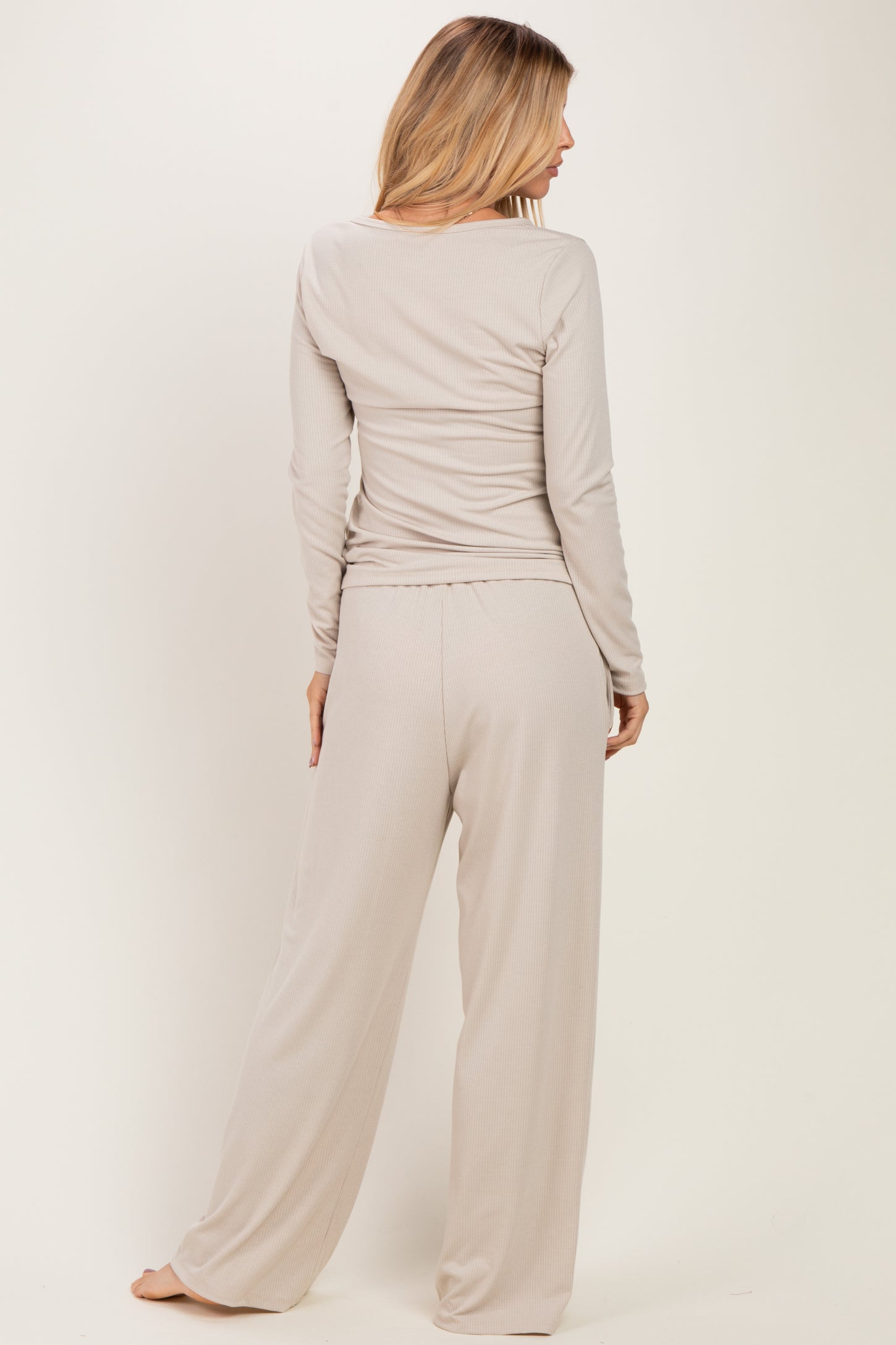 Oatmeal Henley Wide Leg Pant Lounge Set