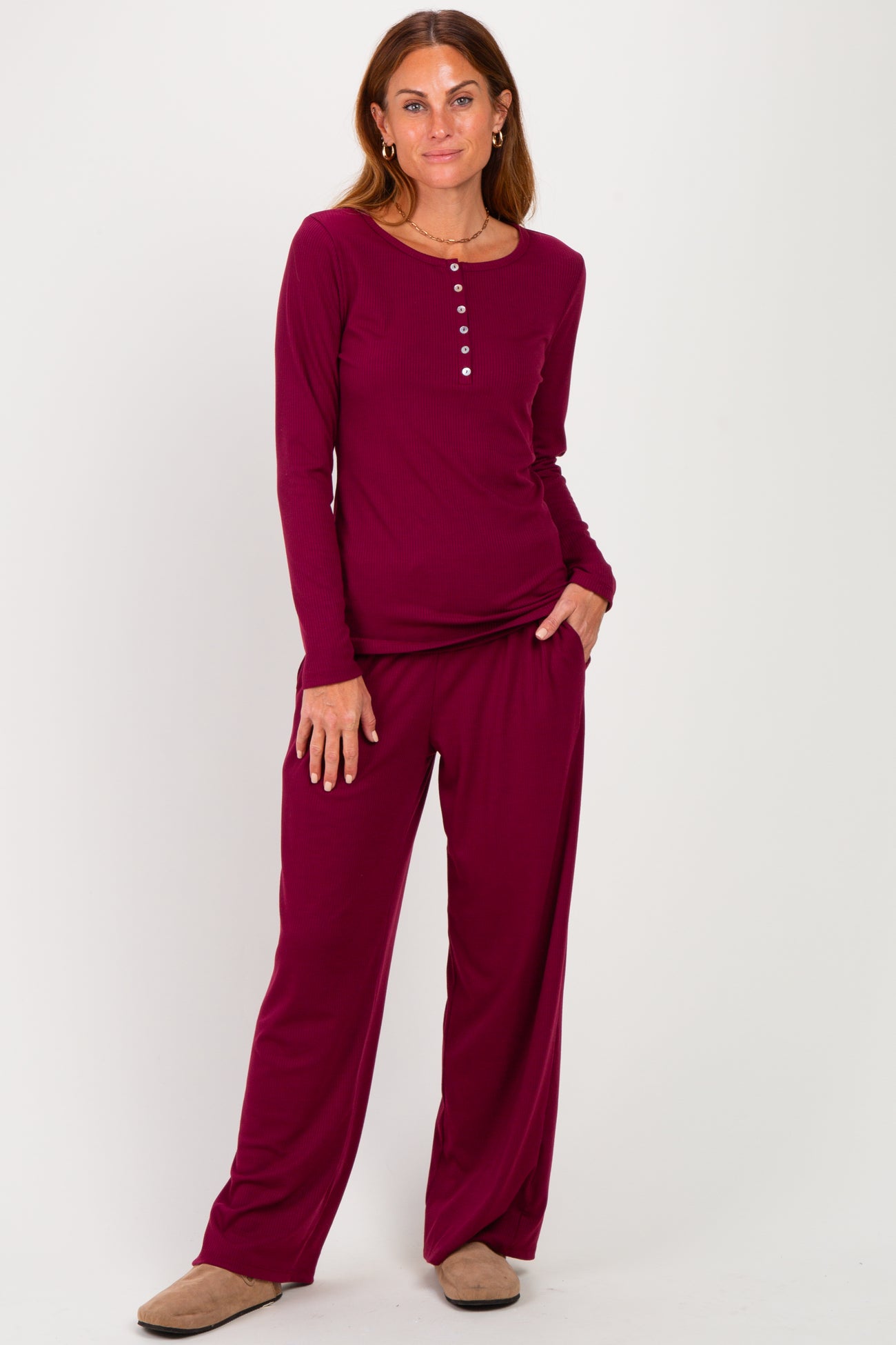 Wine Henley Wide Leg Pant Maternity Lounge Set