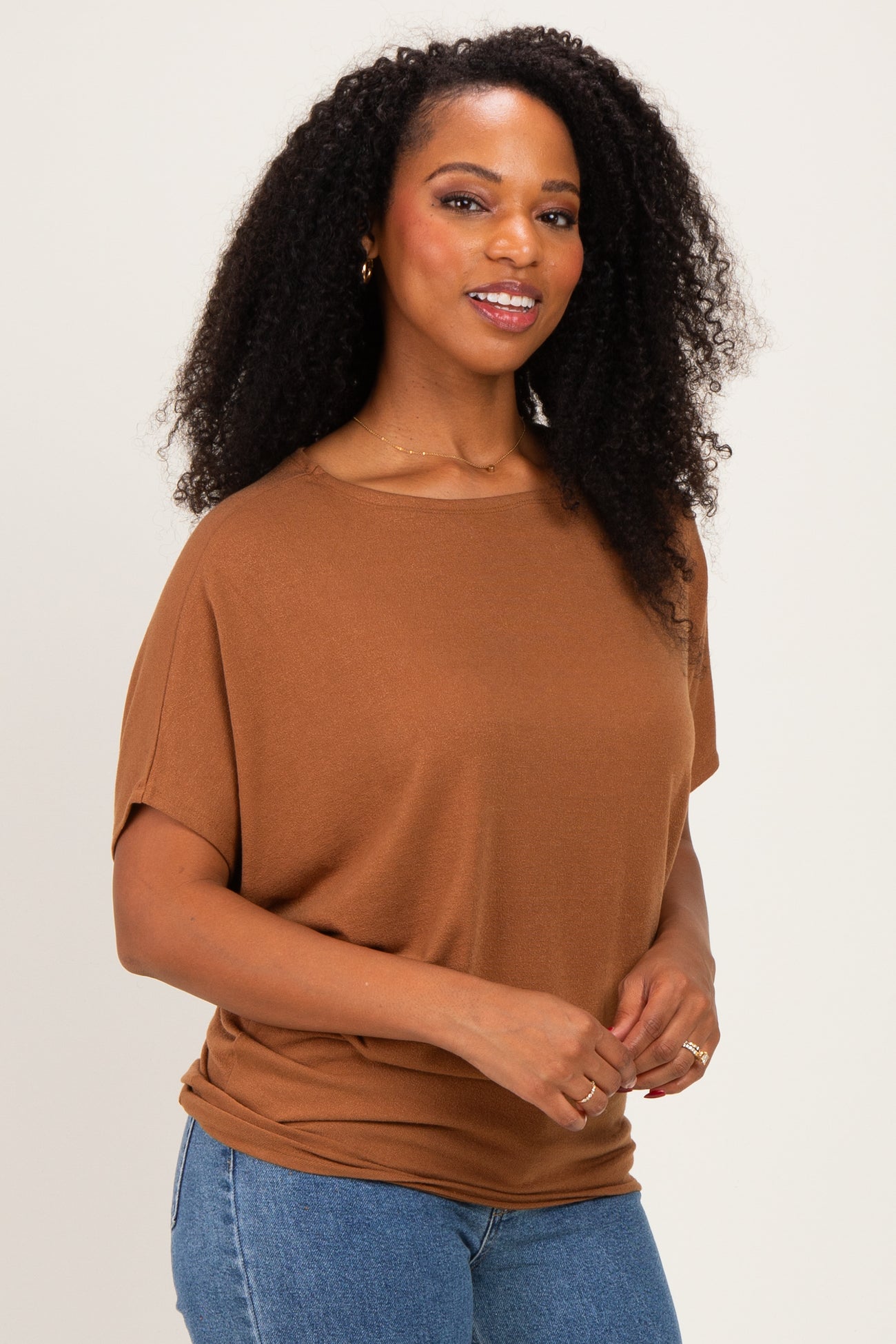 Deep Camel Dolman Sleeve Boat Neck Top