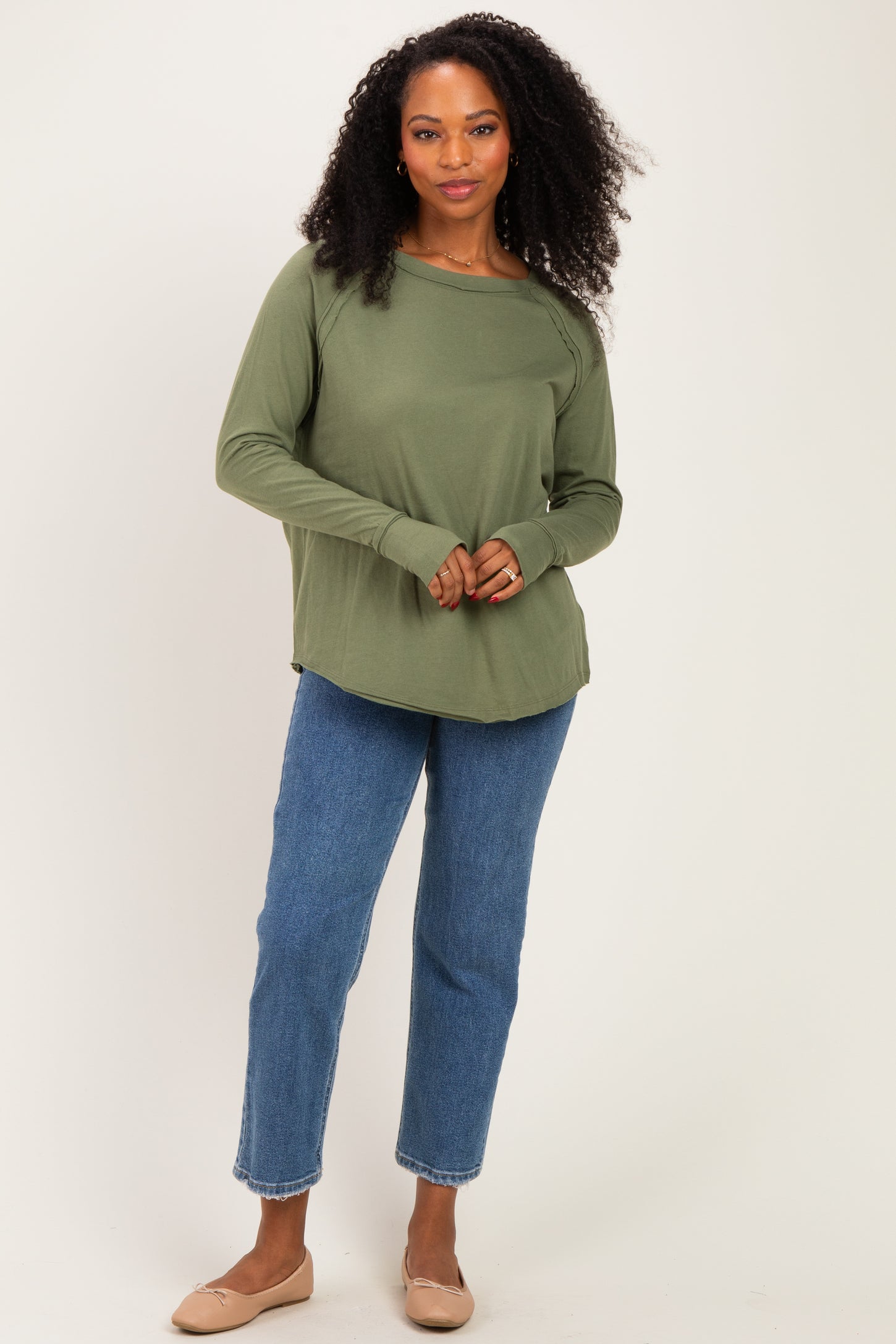 Light Olive Exposed Seam Long Sleeve Top