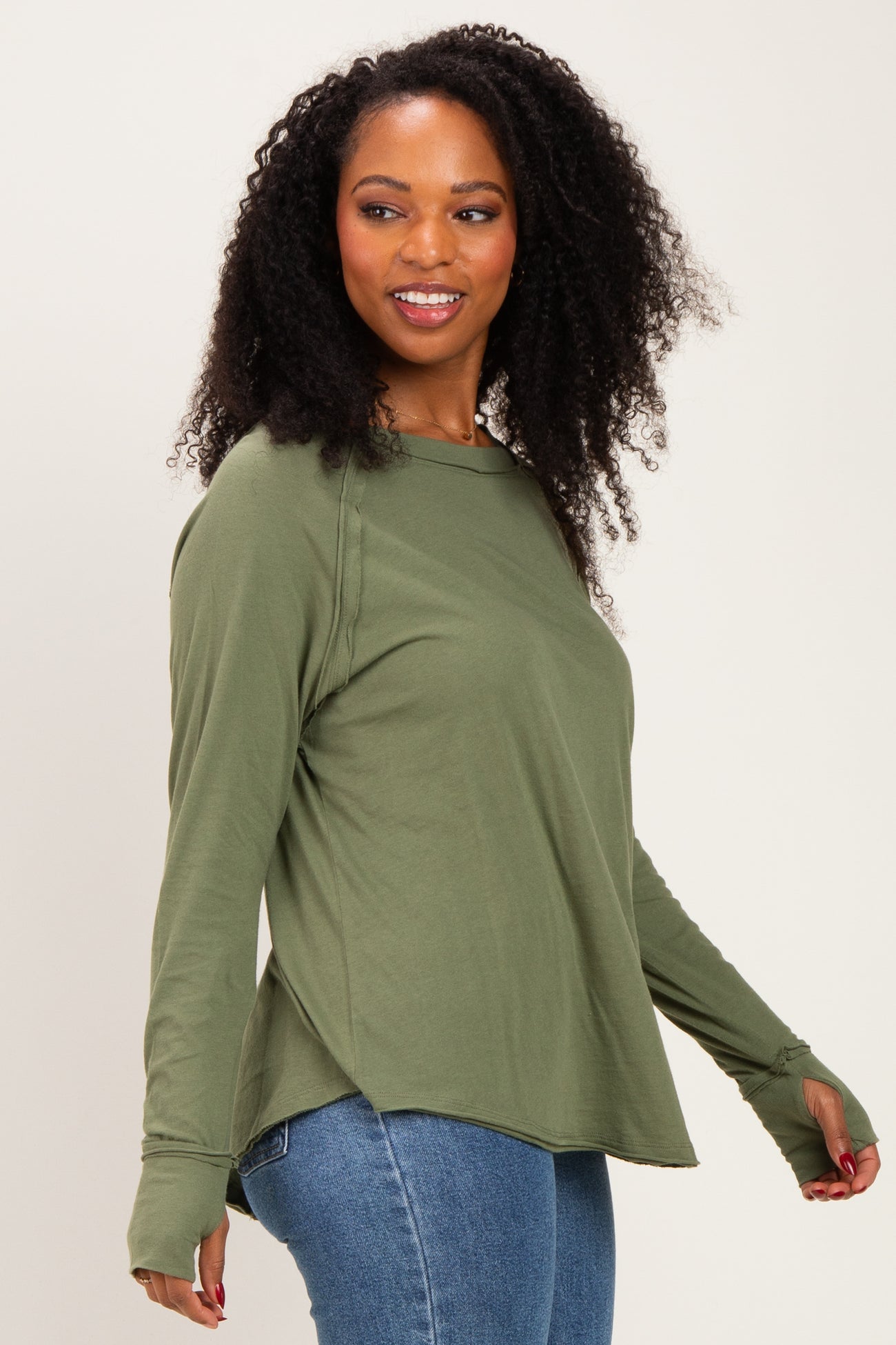 Light Olive Exposed Seam Long Sleeve Top