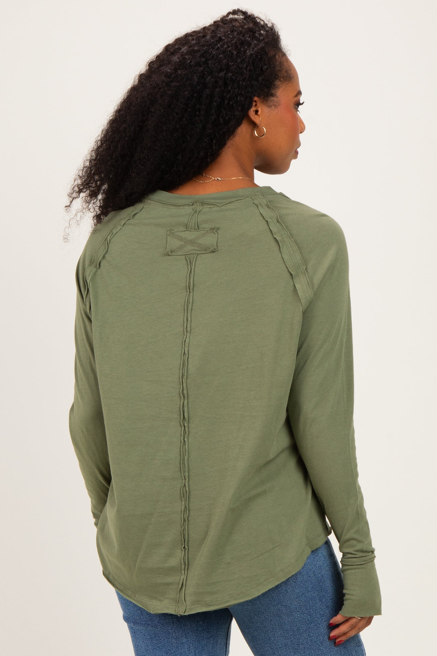 Light Olive Exposed Seam Long Sleeve Top