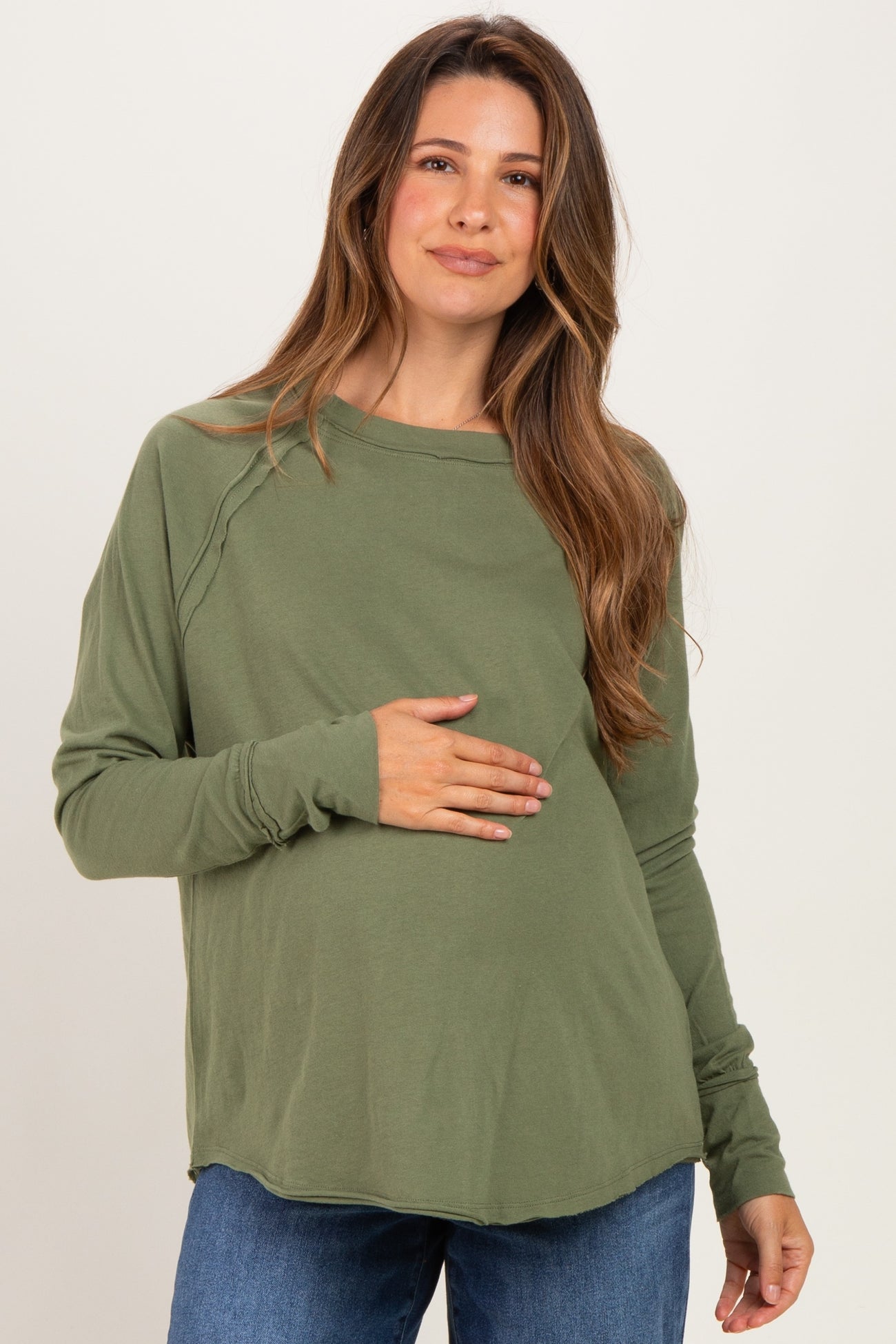 Light Olive Exposed Seam Long Sleeve Maternity Top