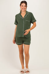 Army Green Short Sleeve Button Down Shirt Shorts Maternity Set